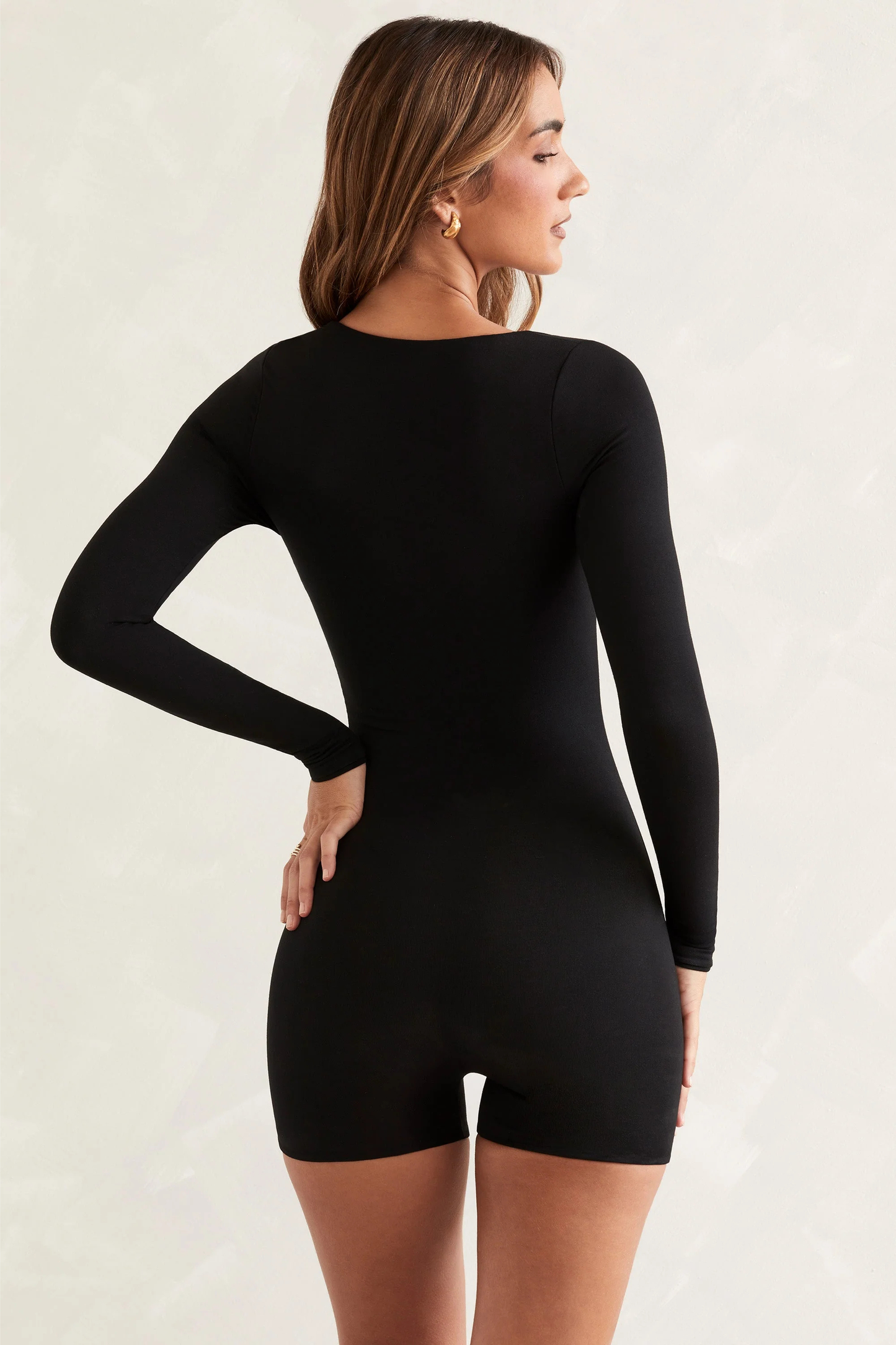 Women Long Sleeve Square Neck Unitard in Black